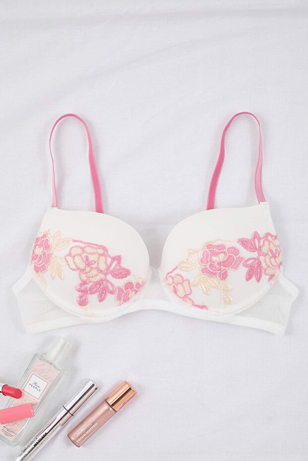 Pembe Brode Çiçekli Push Up T-Shirt Bra Örme Sütyen THMAW26SU00019 - 7