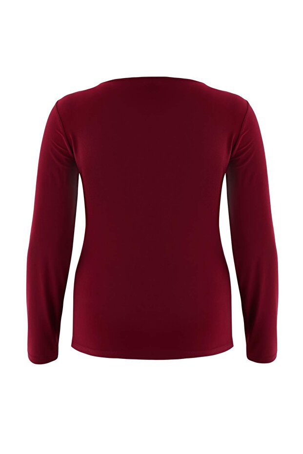 Bordo Aksesuar ve Cut Out Detaylı Vücuda Oturan Esnek Örme Bluz TBBAW26AF00083 - 4