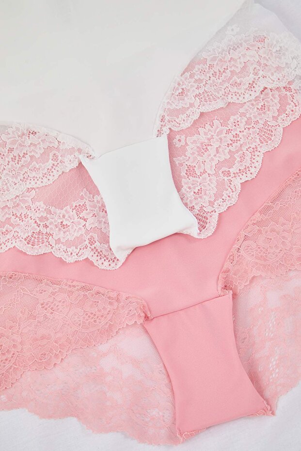 Beyaz-Pembe 2'li Paket Yüksek Bel Dantelli Yumuşak Esnek Klasik Büyük Beden Külot TBBAW25CM00006 - 5