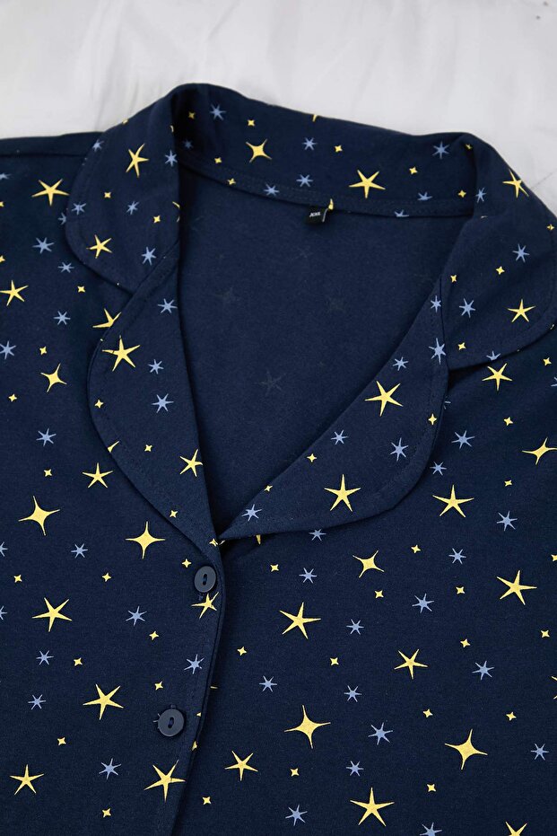 Lacivert %100 Pamuklu Galaksi Desenli Gömlek-Pantolon Örme Pijama Takımı TBBAW26AI00017 - 5