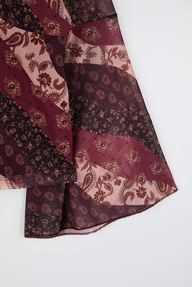 Çok Renkli Boho/Boho Chic Baskılı V yaka İspanyol Kol Tül Esnek Örme Bluz TBBAW26AF00125 - 3