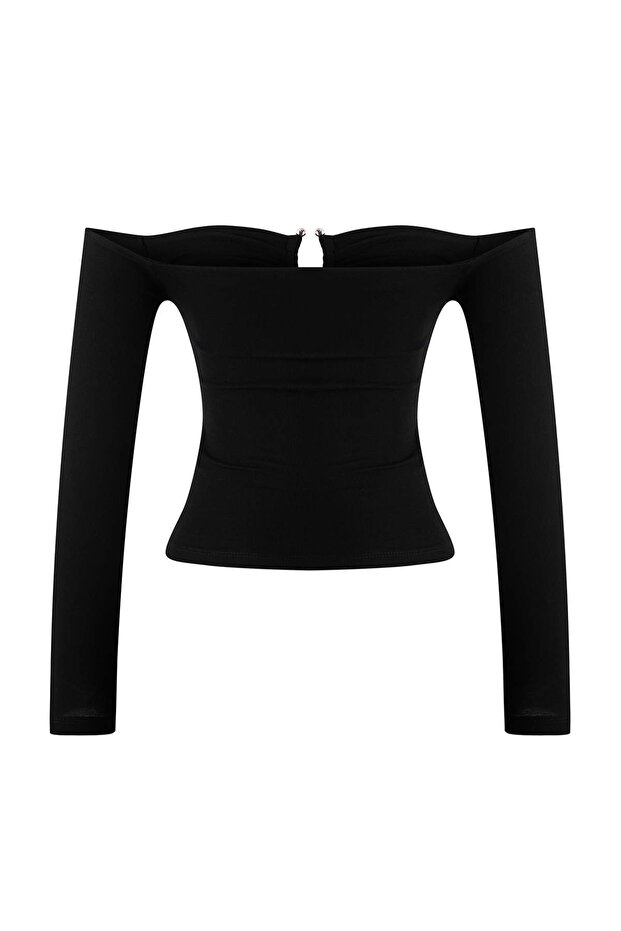 Siyah Fitted/Vücuda Oturan Aksesuar Detaylı Esnek Örme Bluz TWOAW26BZ00356 - 6