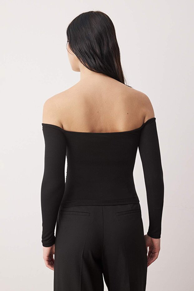 Siyah Fitted/Vücuda Oturan Aksesuar Detaylı Esnek Örme Bluz TWOAW26BZ00356 - 4