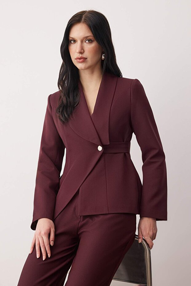 Mürdüm Kruvaze Kapama Blazer Ceket Pantolon Dokuma Alt - Üst Takım TWOAW26AU00145 - 1