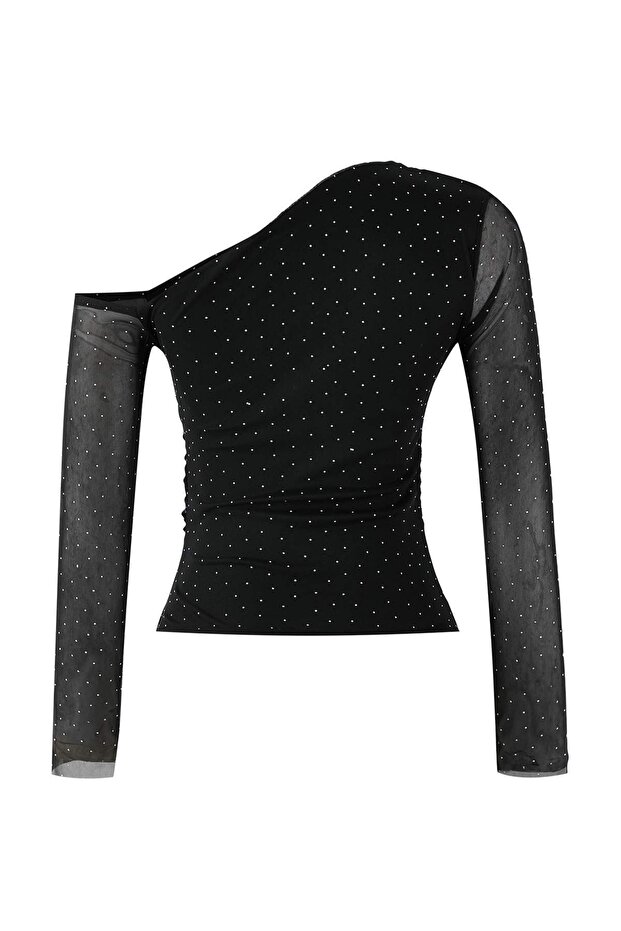 Siyah Parıltılı Taş Baskılı Asimetrik Yaka Örme Party Bluz TPRAW26BZ00061 - 6