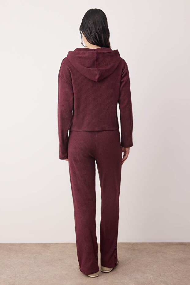 Bordo Kapüşonlu Relaxed/Rahat Kesim Fitilli Beli Lastikli Örme Eşofman Takımı TWOAW26EM00004 - 4