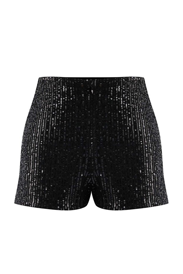 Siyah Extra/Süper Mini Örme Payet Şort TPRAW26SR00006 - 5