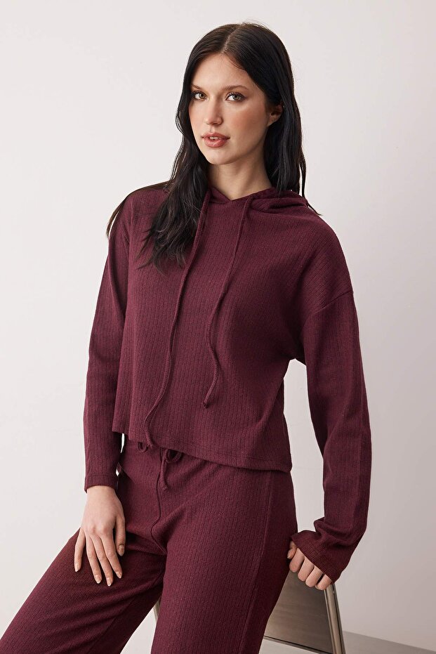 Bordo Kapüşonlu Relaxed/Rahat Kesim Fitilli Beli Lastikli Örme Eşofman Takımı TWOAW26EM00004 - 2