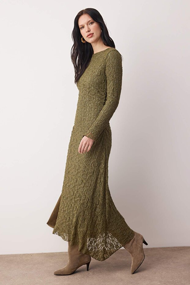 Haki Astarlı Dantel Kumaş Örme Elbise TCTAW26EB00053 - 2