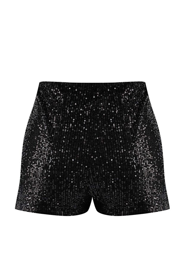 Siyah Extra/Süper Mini Örme Payet Şort TPRAW26SR00006 - 6