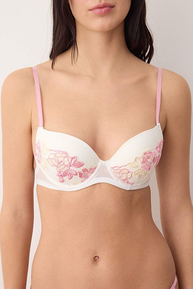 Pembe Brode Çiçekli Push Up T-Shirt Bra Örme Sütyen THMAW26SU00019 - 3