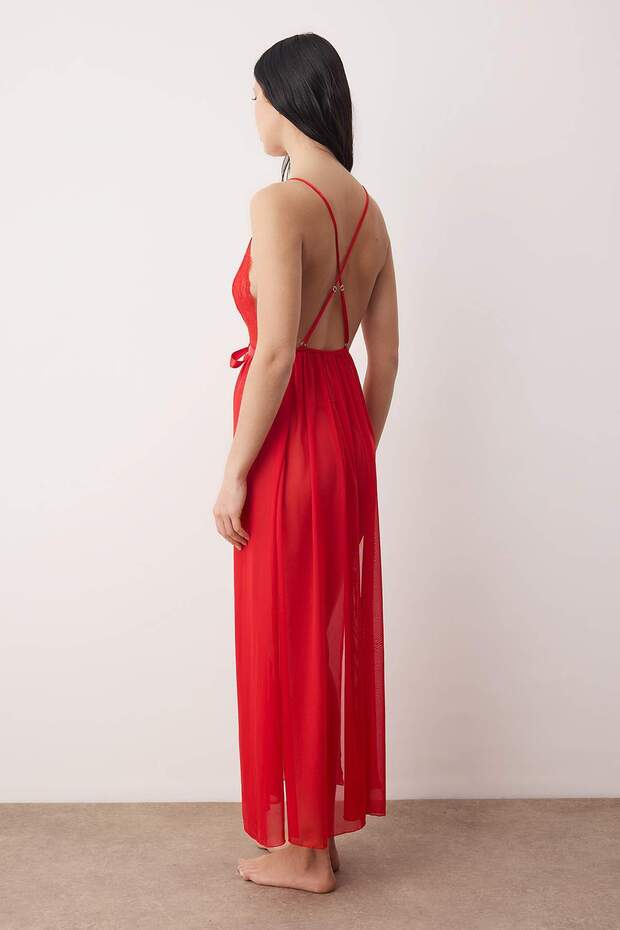 Kırmızı Kurdele/Fiyonklu, Yırtmaçlı ve Dantelli Tül Külotlu Babydoll/Fantezi Gecelik THMAW26LL00023 - 4
