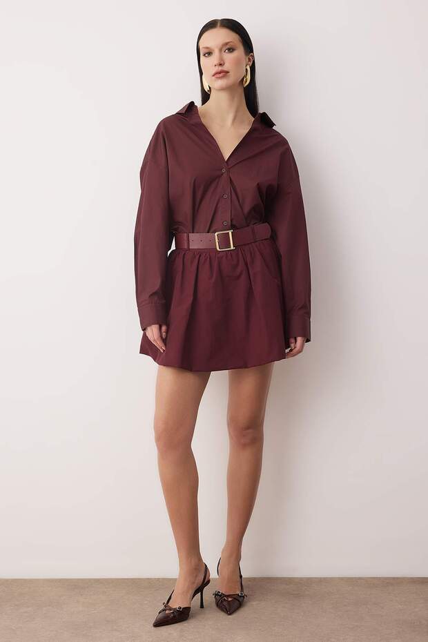 Bordo Düz Ekstra Kısa / Süper Mini Dokuma Terrycotton Party Etek TPRAW26ET00003 - 2