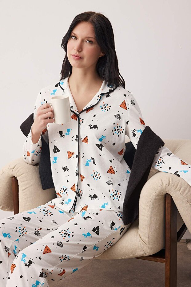 Çok Renkli %100 Pamuklu Desenli Örme Pijama Takımı THMAW21PT0084 - 1