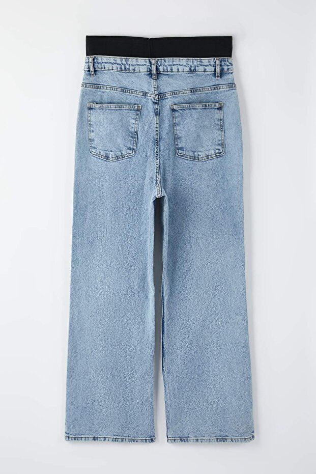 Mavi Yüksek Bel Beli Lastikli Geni Paça Büyük Beden Wide Leg Jeans TBBAW26CJ00029 - 11