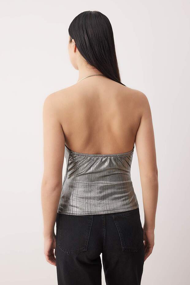 Gümüş Aksesuar Detaylı Degaje Yaka Örme Party Bluz TPRAW26BZ00062 - 4