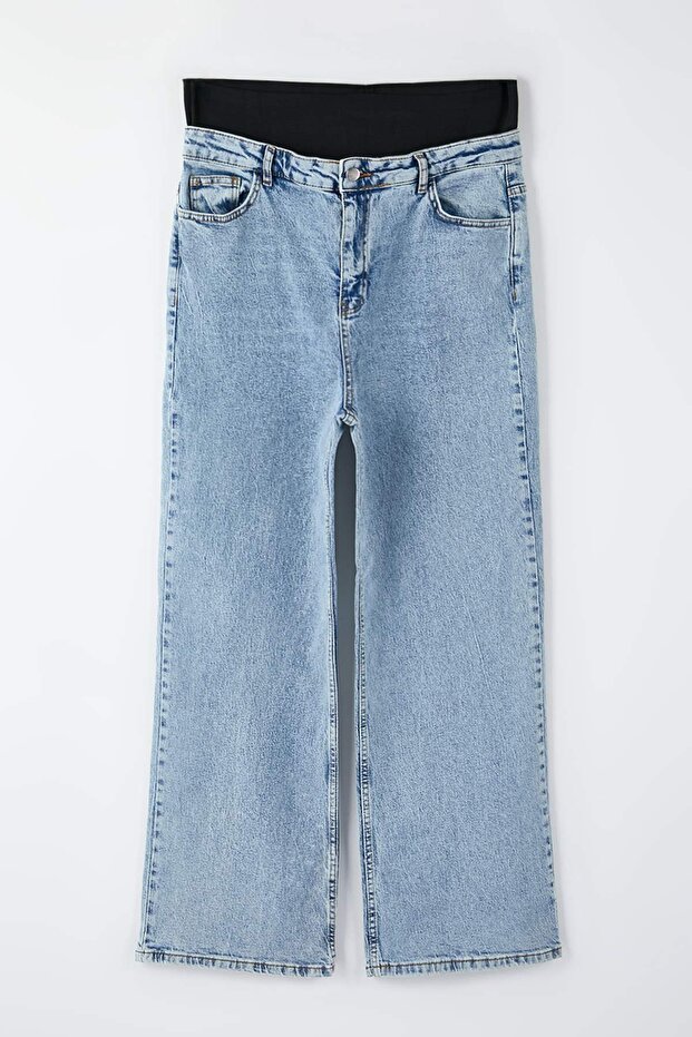 Mavi Yüksek Bel Beli Lastikli Geni Paça Büyük Beden Wide Leg Jeans TBBAW26CJ00029 - 8