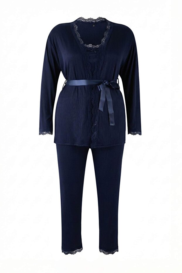 Lacivert 3'lü Paket Bağlama ve Dantel Detaylı Örme Pijama Takımı TBBAW26AI00040 - 3