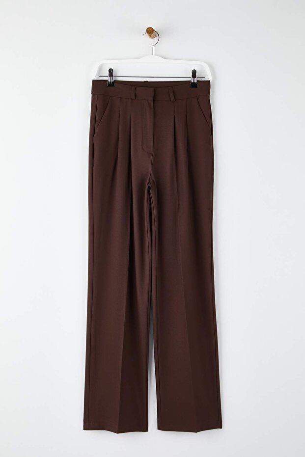 Koyu Kahverengi Straight/Düz Kesim Pilili Dokuma Kumaş Pantolon TWOAW23PL00401 - 5