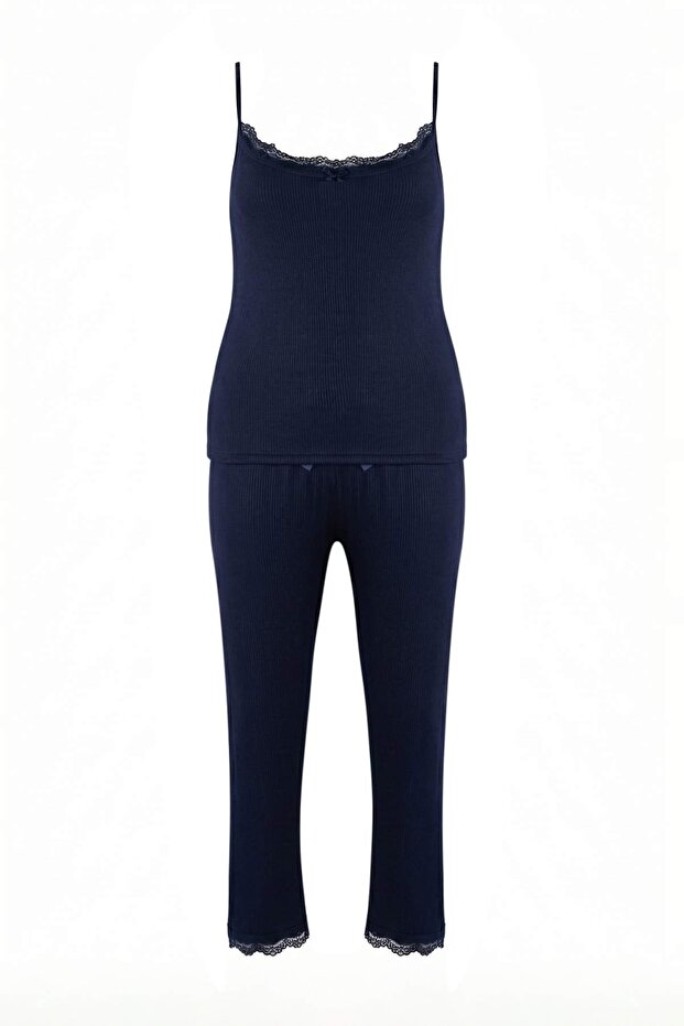 Lacivert 3'lü Paket Bağlama ve Dantel Detaylı Örme Pijama Takımı TBBAW26AI00040 - 4