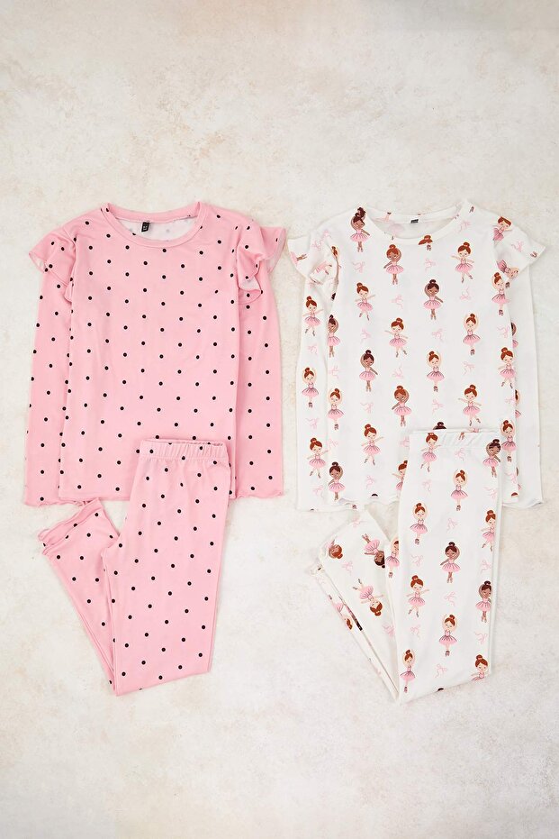 Pudra-Ekru Baskılı Yumuşak Dokulu 4'lü Örme Regular Kız Çocuk Alt-Üst Pijama Takımı TKDAW26PT00012 - 3
