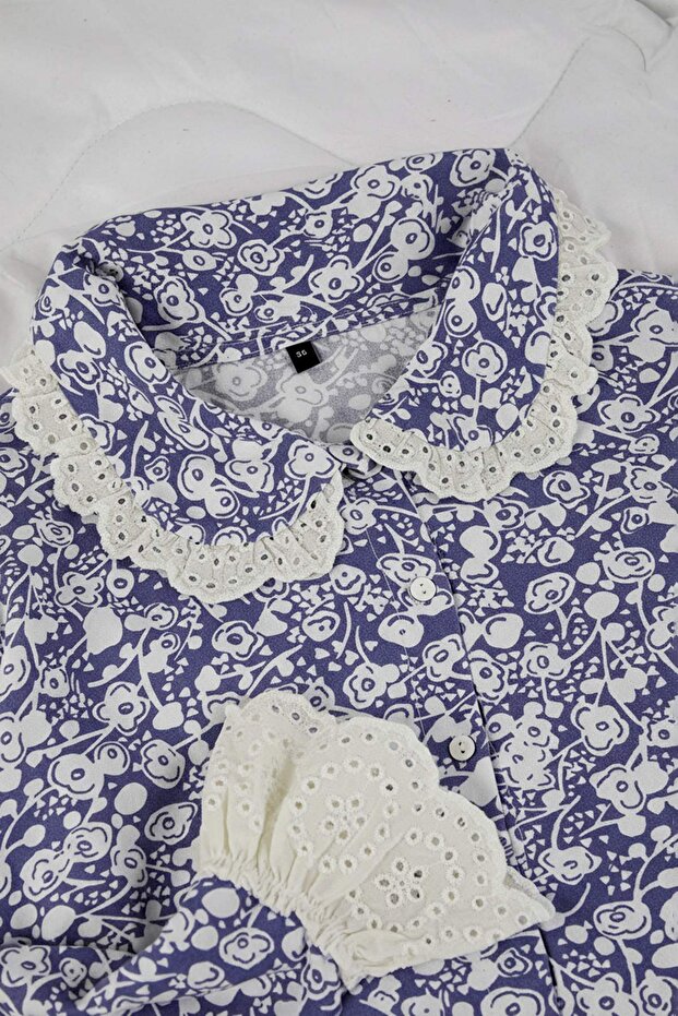 Mavi Çiçekli Viskon Dokuma Pijama Takımı THMAW26PT00185 - 6