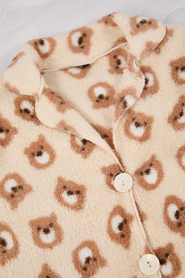 Ekru Ayıcıklı Wellsoft Kışlık Örme Pijama Takımı TBBAW26AI00006 - 5