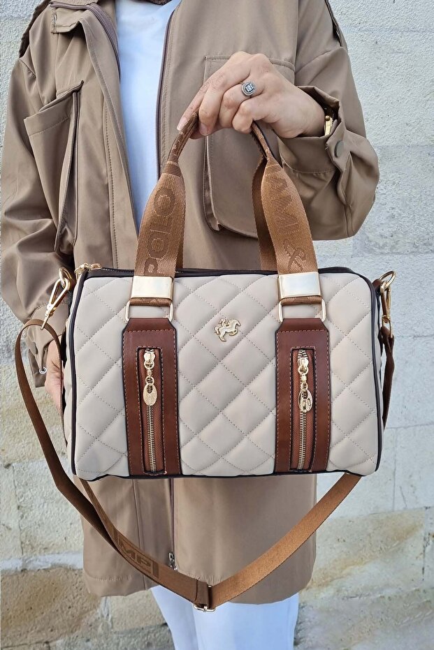 Women's Cream Tan Embossed Printed Just & Polo Patterned Zipper Closure Shoulder and Hand Bag