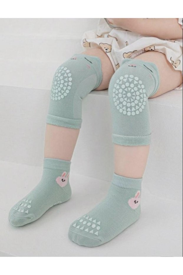 Green Baby Socks and Protective Knee Pad Set - Non-Slip Socks - Knee Protector