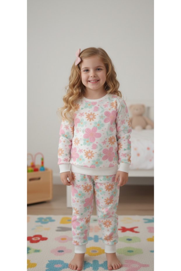 Girl's Pink Flower Printed 100% Cotton Sh Fleece-Lined Pajama Set