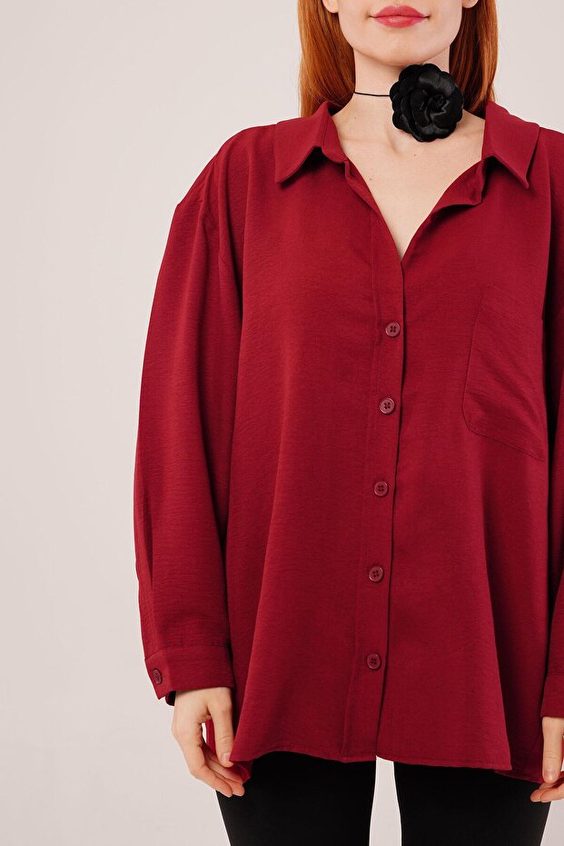 Basic Oversize Bordo Gömlek - 3