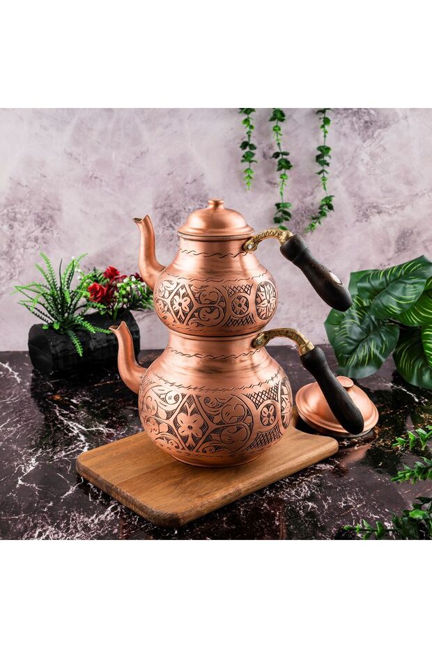 Dmt Gaziantep Copper Teapot Set Heavy Embroidered, Total Height: 26cm, Bottom 16cm, Top 12cm Diameter, Heavy Copper.