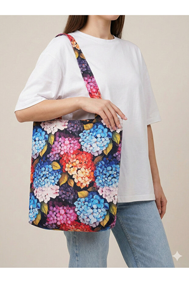 Linen Hydrangea Flower Patterned Bag - 5