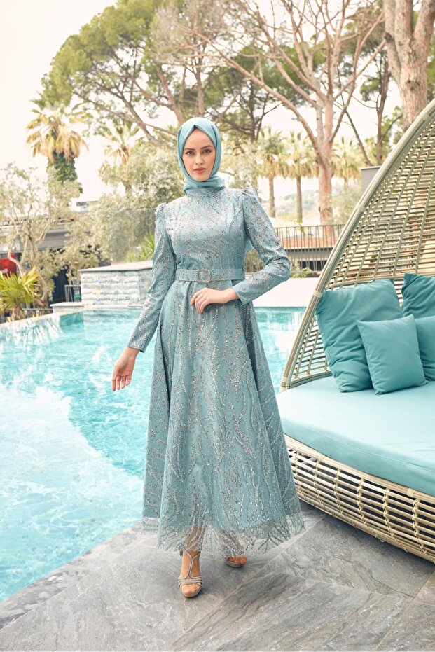 BELTED PUL SEQUIN EMBROIDERED EVENING DRESS 50311