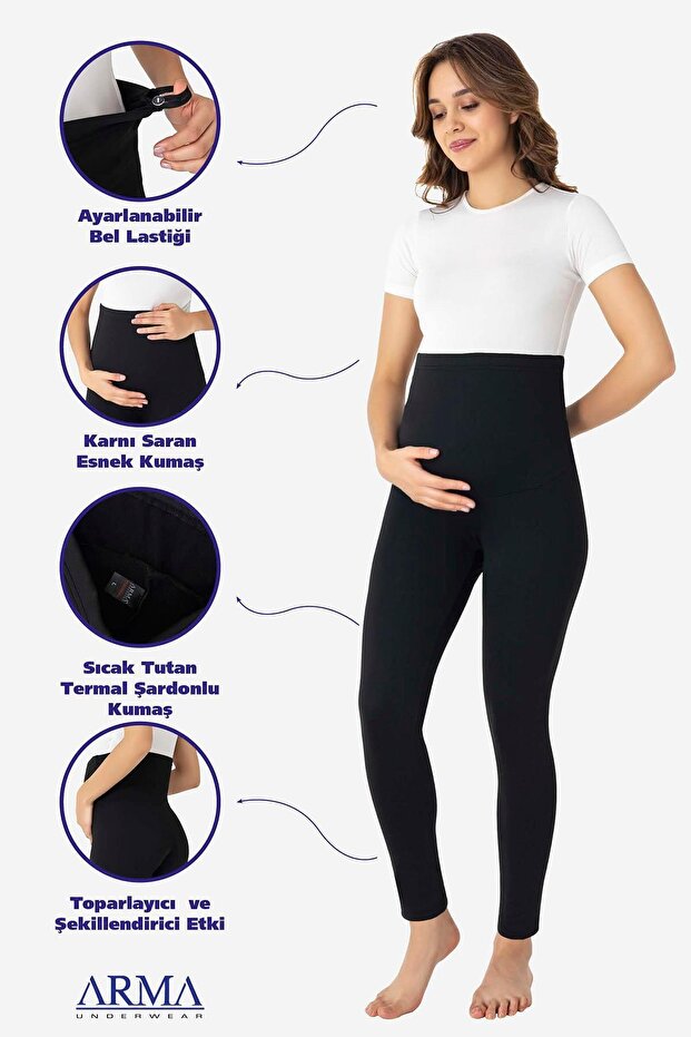 Termális, meleg, rugalmas, állítható derékrésszel ellátott téli kismama leggings, fekete - 1