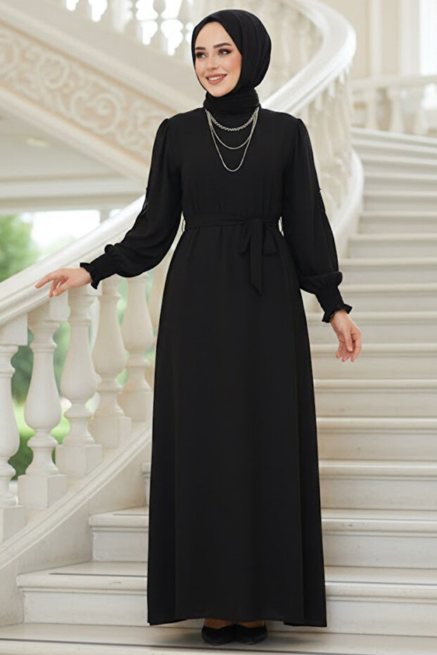 Black Hijab Dress with Pleated Sleeves 10124S