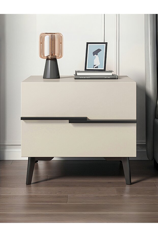 Bedside Table with Double Layer Storage, Anti-Slip Pads, Nightstand with Smooth Edges