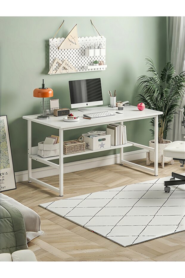 Computer Desk with Shelf, Sturdy Steel Office Table & Study Desk, Rounded Corner Design