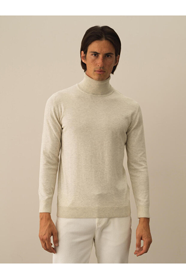 Erkek Ekru Regular Fit Basic Kazak - 1