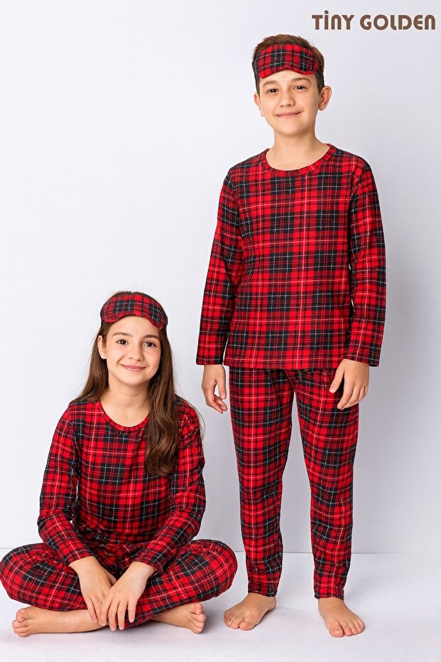 Unisex Children's Cotton Suede Red Plaid Patterned Sleepwear with Glasses Crew Neck Long Sleeve Pajama Set