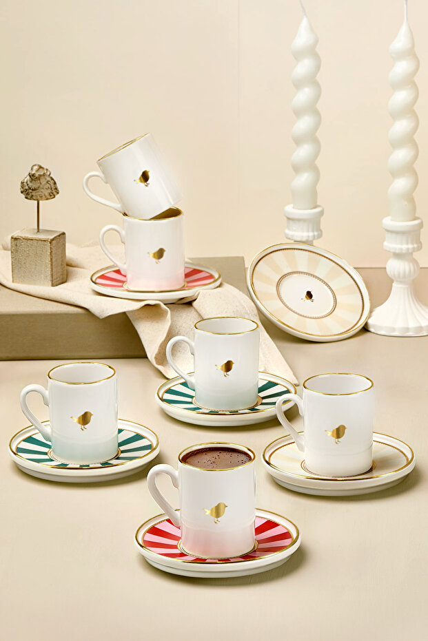 Kitchen Life 6 Kişilik Lovely Birds Porselen Altın Yaldızlı Kahve Fincanı Takımı - Gold Kuşlu Kahve Fincanı