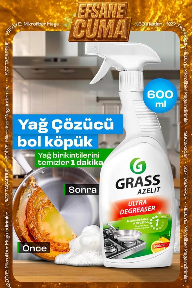 GRASS Güçlü Mutfak Yüzey Temizleyici Ve Yağ Sökücü Sprey Azelit Hızlı Etkili Çok Amaçlı 600ml