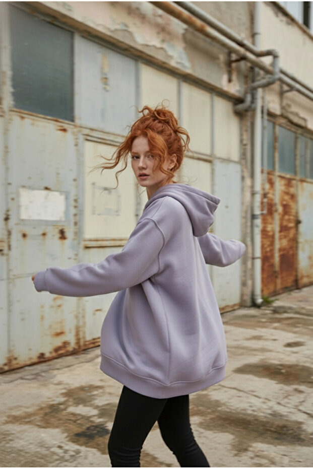 Pamuklu Kapüşonlu 3 İplik Şardonlu Kalın Oversize Sweatshirt - 5