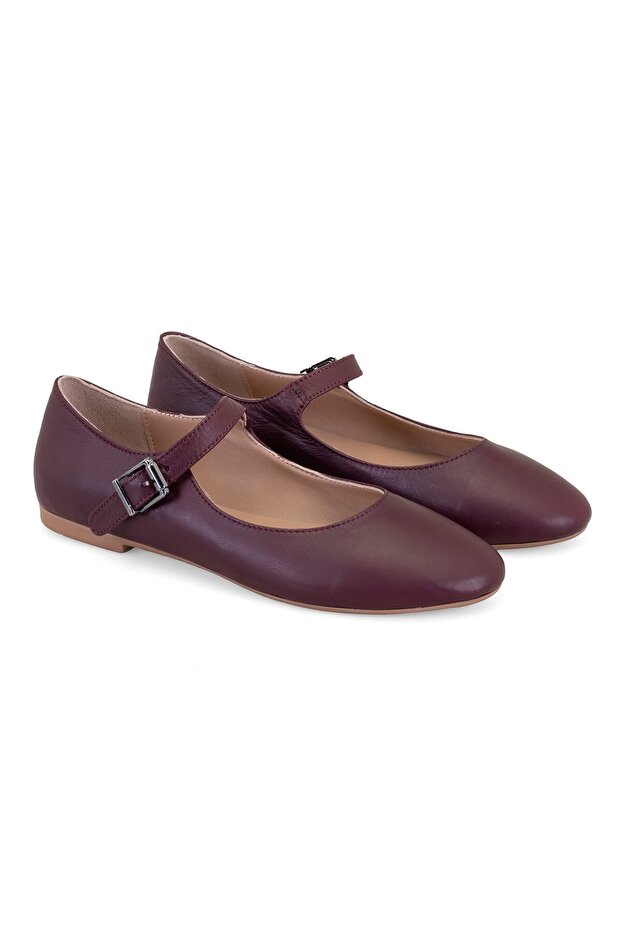 Women's Burgundy Mary Jane Leather Ballerinas