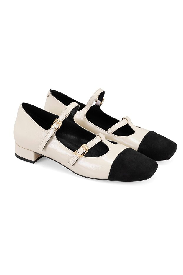 Women's Beige Mary Jane Patent Leather Ballerinas