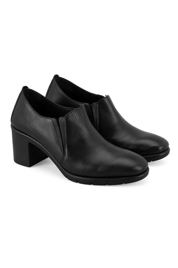 Women's Black Comfort Heeled Leather Casual Shoes