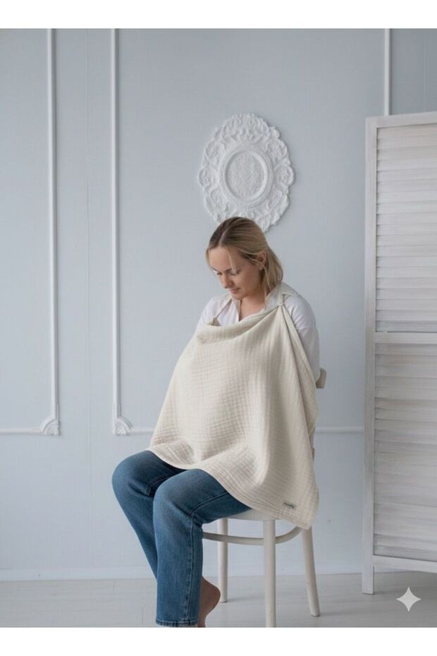 Breastfeeding Apron, Multi-Purpose Nursing Cover, 70X120 cm Organic Cotton Fabric Cream