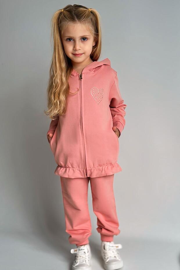 Girl's Tracksuit Set with Stone Embroidered Heart, Ages 4-9, Dusty Rose