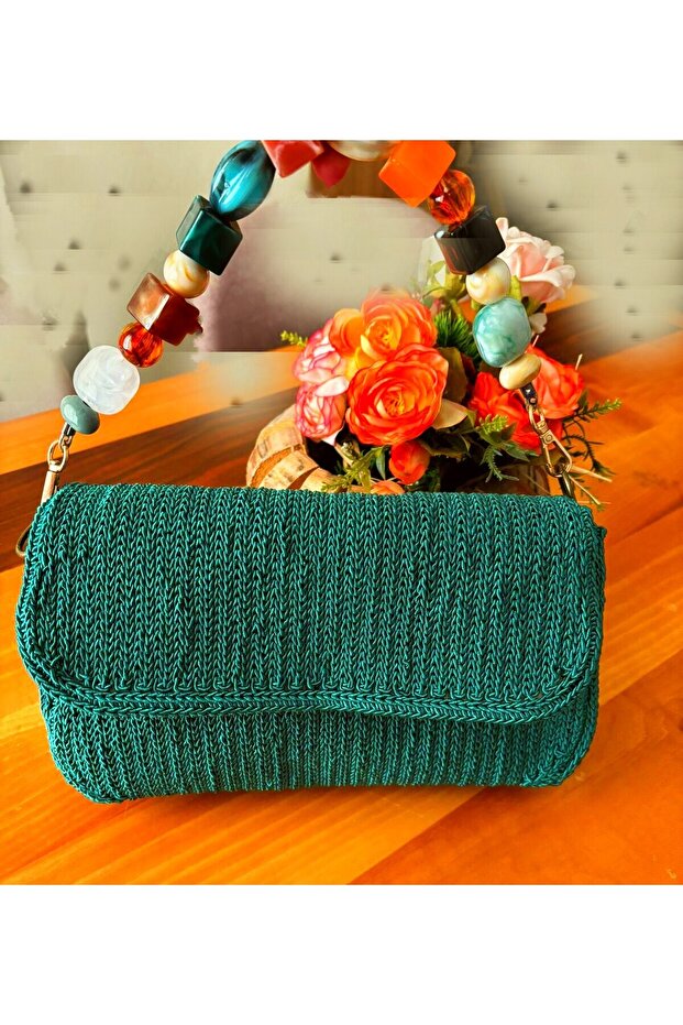 Çanta Yeşil Canvas El Örgüsü - 4