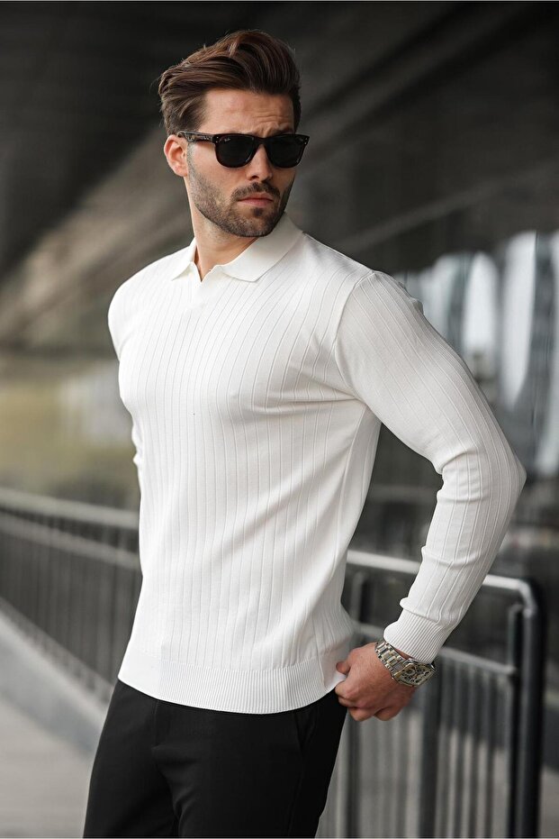 White Polo Neck Striped Long Sleeve Sweater 7239